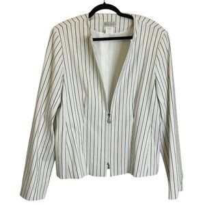 Vintage Tall Girl White Black Stripe Zip Up Jacket Top Long Sleeve Sz 16 Lined